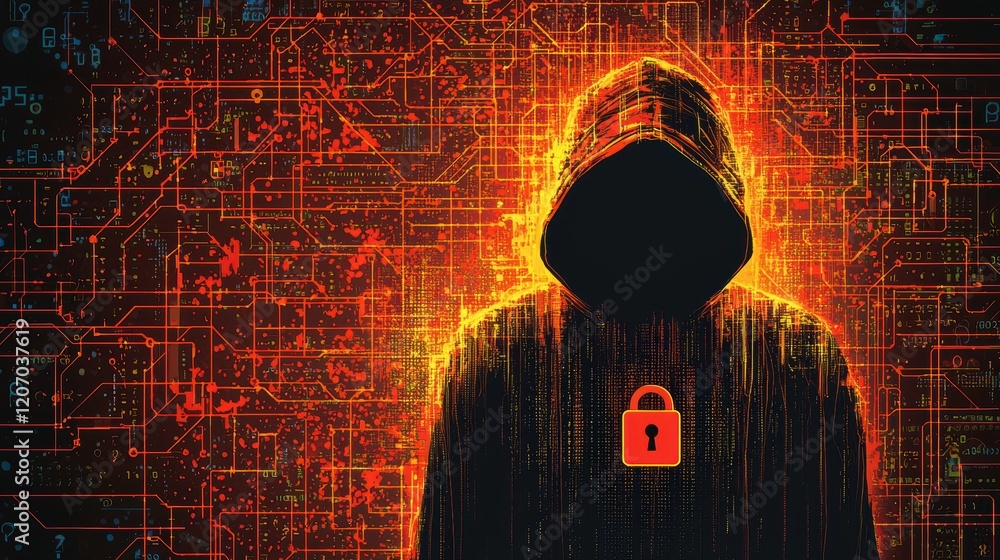 Poster protection hacker prevention person wearing a hoodie trying to access a computer network, with a sec