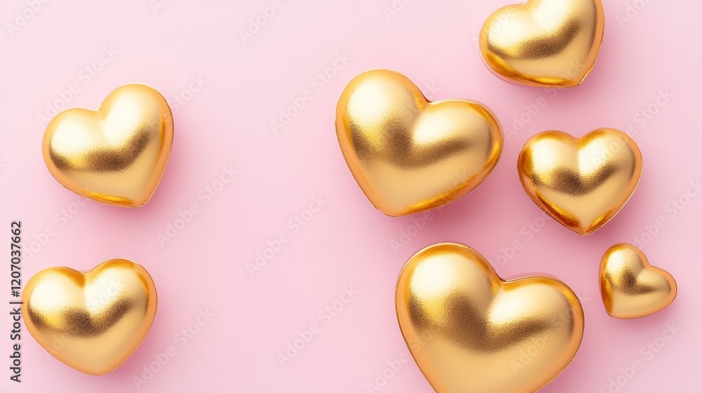 Poster row of gold hearts are arranged on a pink background. the hearts are all different sizes and are pla