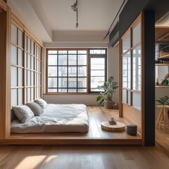 Minimalist Japanese style bedroom with platform bed and sliding doors