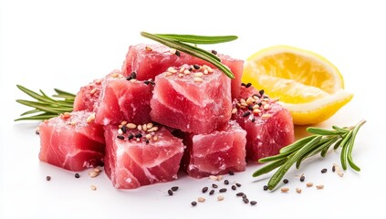 Fresh tuna steak cubes, lemon, rosemary, sesame seeds.