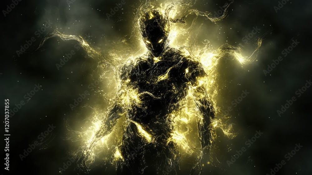 Poster advanced humanoid robot with glowing energy lines and sleek mechanical details, surrounded by soft d