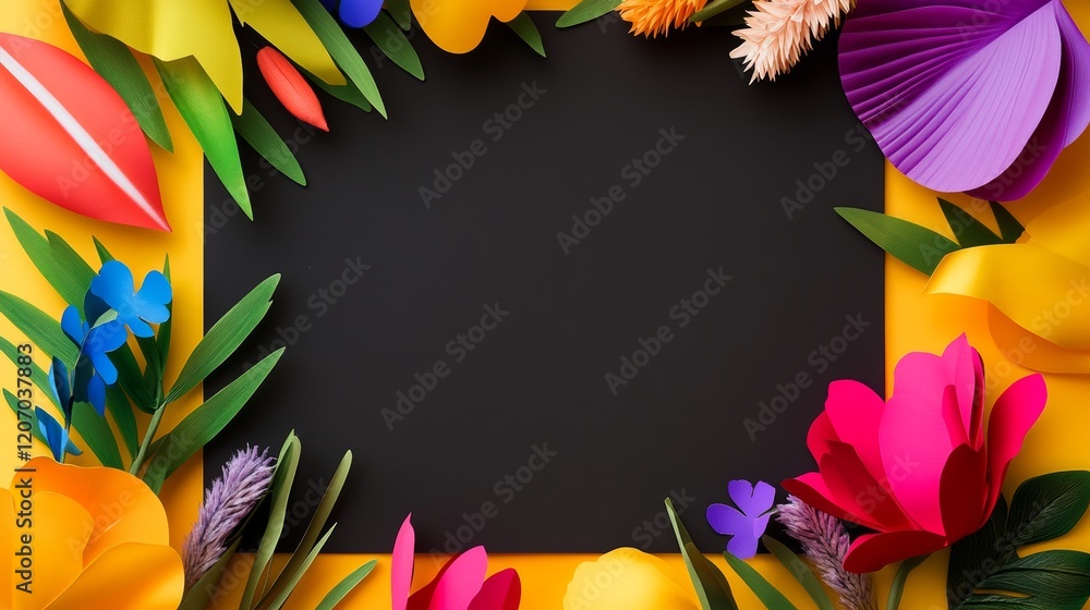 Poster black frame with a colorful background of flowers. the flowers are of various colors and sizes, crea