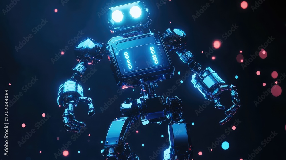 Poster advanced robot concept with glowing panels and articulated joints, set against a dark background wit