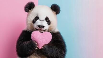 Softhearted panda holds a vibrant pink heart against a pastel backdrop in a charming display of affection