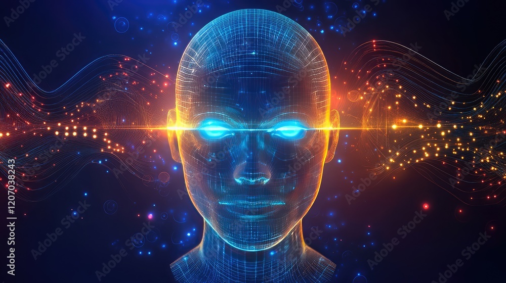 Poster advanced robot head with glowing eyes and digital patterns, set against a clean abstract background 
