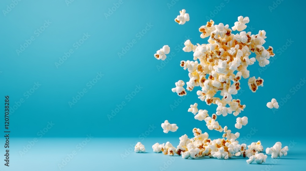 Poster pile of popcorn is falling from the sky, creating a sense of chaos and excitement. the blue backgrou
