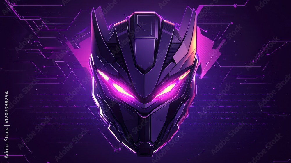 Poster advanced robot head with glowing eyes and digital patterns, set against a clean abstract background 