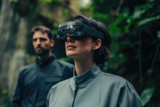 A woman wearing a futuristic VR headset explores a lush, green environment with a man in the background. - Powered by Adobe