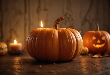 Carved pumpkins are arranged around a glowing candle, creating a warm and welcoming ambiance, candlelight, warm ambiance,