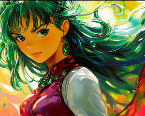 Naklejka premium A beautiful girl with green hair in a combative pose