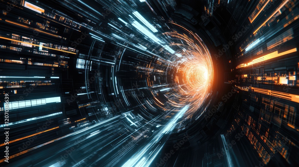 Aufkleber advanced technology theme with abstract glowing data waves, dynamic light trails, and futuristic geo