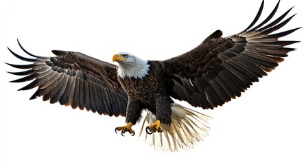 Obraz premium Majestic white-tailed eagle in flight, full-body pose with spread wings and sharp talons isolated on a white background