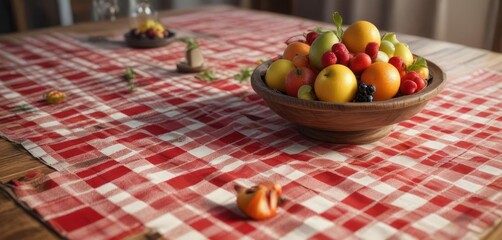 Checkered tablecloth on a wooden table with fruit centerpiece , dinner, wooden, tablecloth