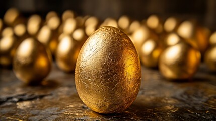 Fototapeta premium Golden eggs glimmering under warm lighting create a mesmerizing atmosphere of abundance and prosperity in a dimly lit environment
