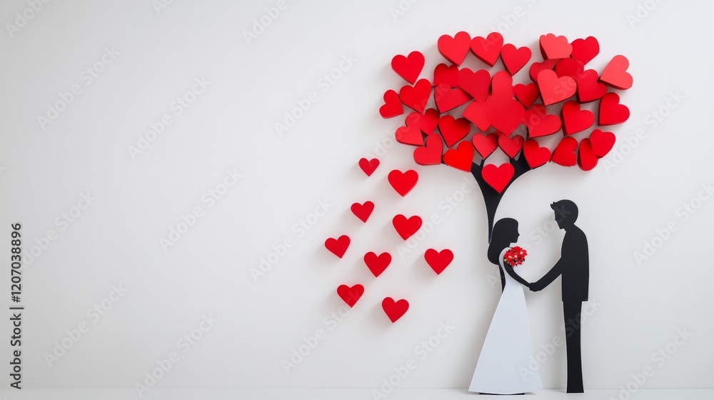 Poster couple is standing under a tree with many red hearts. the tree is the center of the image and the co
