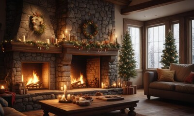 Christmas Eve atmosphere with a large stone fireplace, warmth, winter, festive