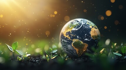 Fototapeta premium Earth glowing with icons of eco-friendly construction and reforestation programs