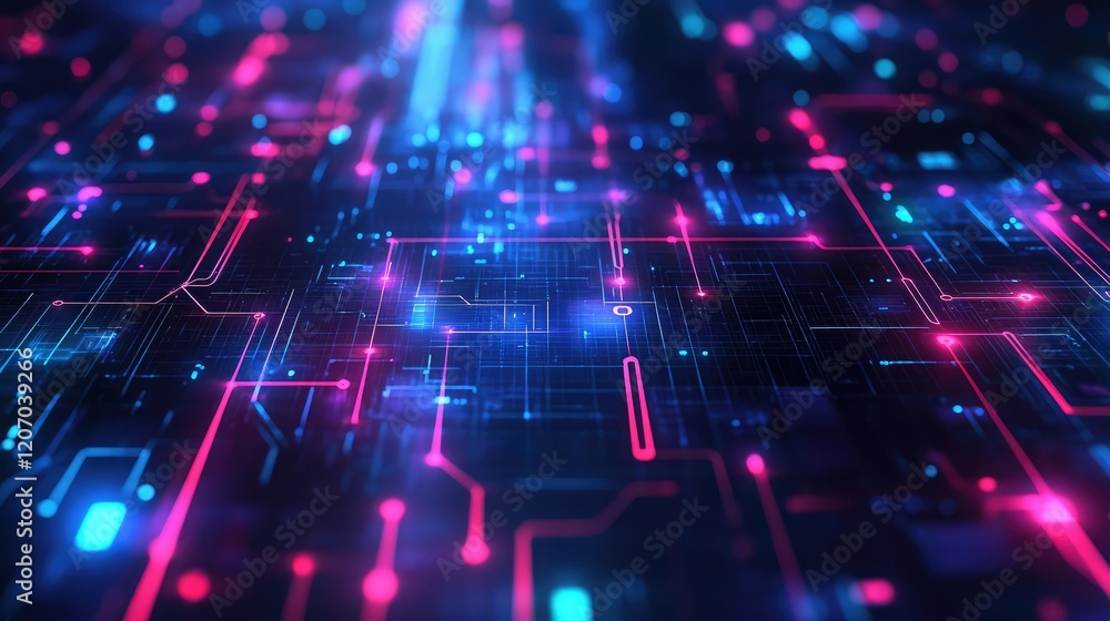 Poster ai brain concept with glowing lines and dots, representing neural networks, placed on a dark futuris