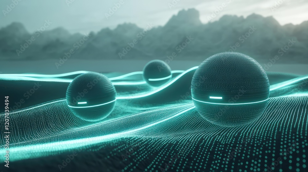 Poster ai concept of futuristic glowing spheres connected by bright lines, set in a d abstract digital envi