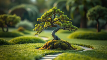 Close-up of a elegant bonsai tree in a zen garden, outdoor decor, symbolic