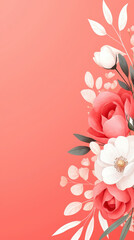 Fototapeta premium Elegant floral arrangement with pink and white roses on coral background