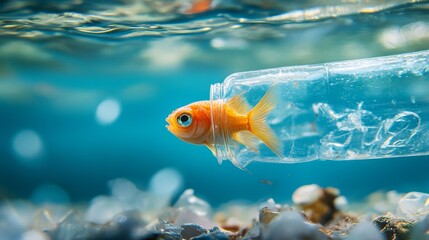 Naklejka premium Bright orange fish gracefully swims through clear water, emerging from a plastic bottle in a vibrant underwater world filled with pebbles and shells