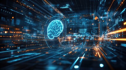Obraz premium AI digital brain glowing in blue hues, surrounded by light trails and futuristic particles, set on a sleek dark gradient