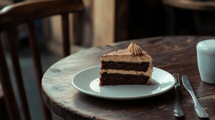 Rustic cafe table with delicious chocolate cake slice and rich frosting