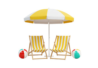 Two yellow and white striped beach chairs with a matching beach umbrella and two colorful beach balls isolated on white background
