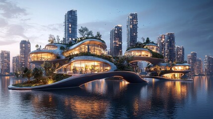 Obraz premium Futuristic urban architecture design waterfront cityscape digital art evening glow aesthetic viewpoint sustainable living concept