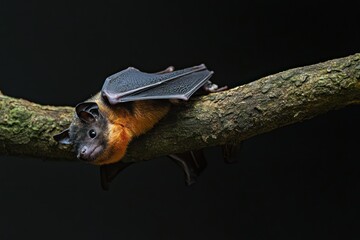 Fototapeta premium Asian Loral bat hanging upside down on a tree branch in a green forest.