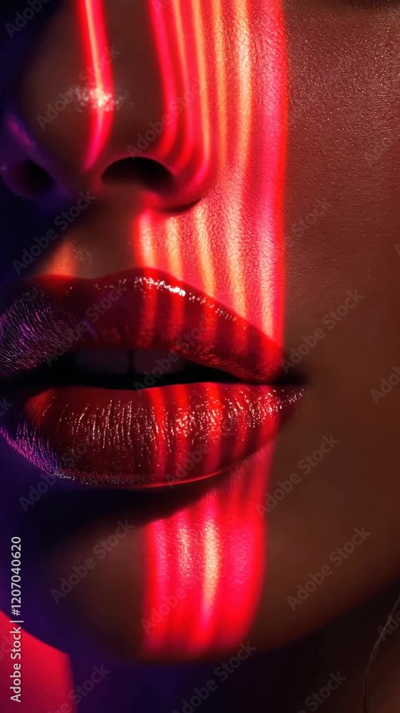Poster luminous close-up of lips illuminated by colorful light patterns in dramatic artistic composition