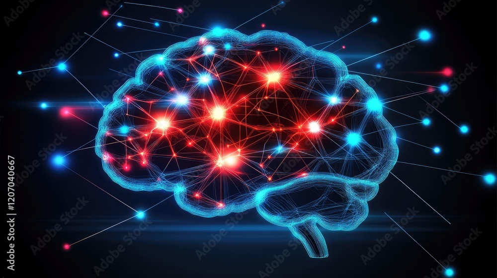 Poster ai neural network with glowing connections, surrounded by futuristic light effects and particle move