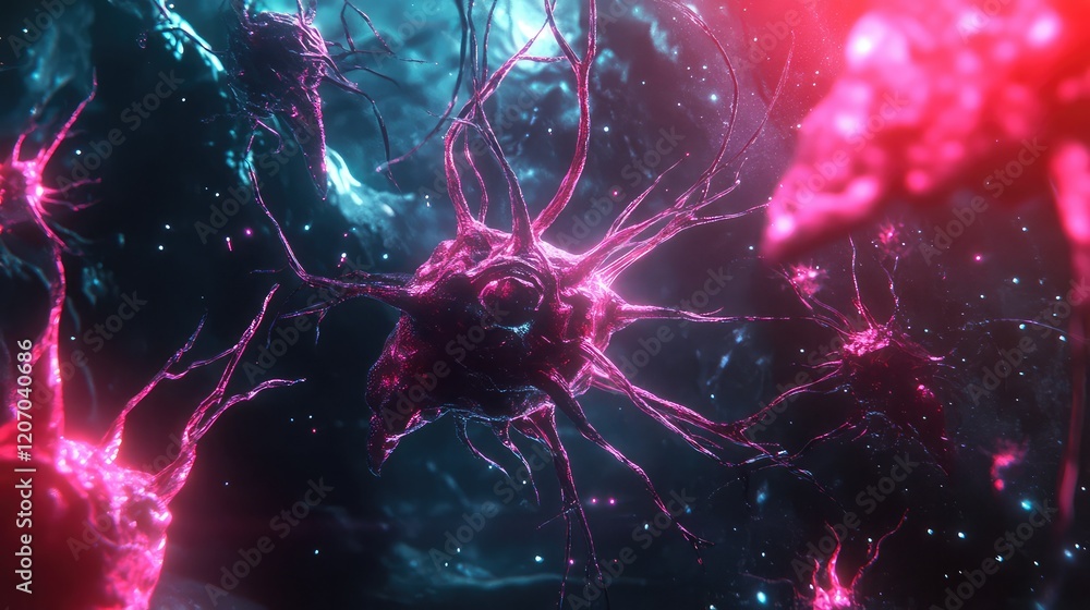 Poster ai neural network with glowing connections, surrounded by futuristic light effects and particle move