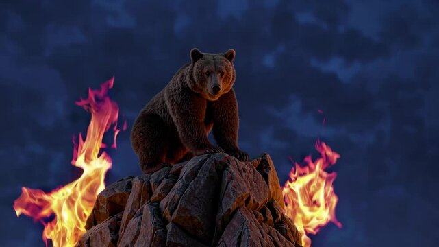 Bear on a rocky peak with flames, dramatic night scene. Wildlife and natural power concept