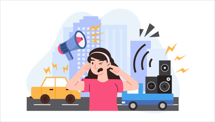 woman covers her ears because of noise pollution in the city