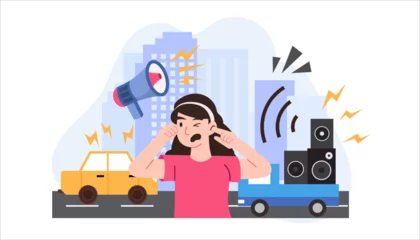 Fotobehang woman covers her ears because of noise pollution in the city © Rudez Studio