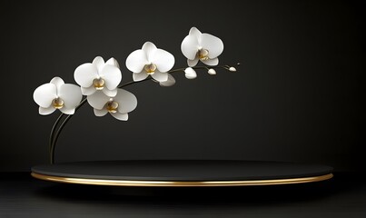 Elegant white orchids on black pedestal, dark background, product display
