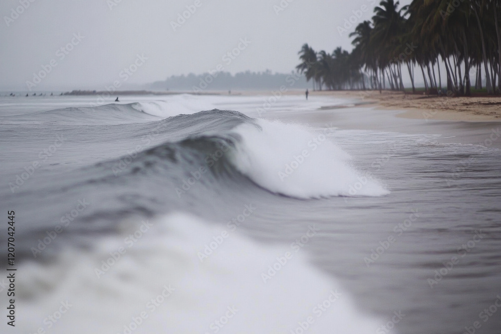 Poster a wave is crashing on a beach with palm trees in the background
