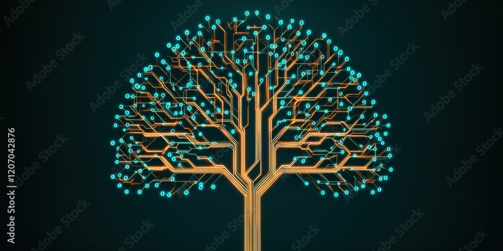 Poster machine learning deep training concept. digital tree with glowing branches and leaves on a dark back