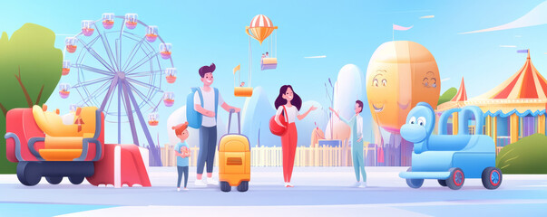 family enjoys vibrant theme park filled with colorful rides and attractions, creating joyful memories together