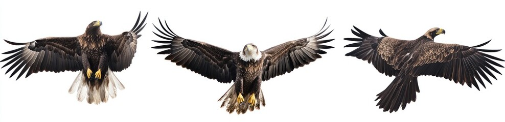 Obraz premium Three different angles of an eagle in flight, against a white background, showing the full body with spread wings, in a photorealistic style