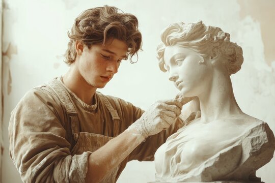 A young sculptor meticulously refines a classical female bust, showcasing artistic dedication and skill. - Powered by Adobe