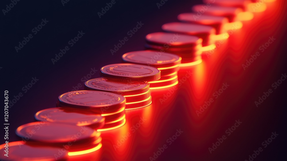 Poster a close-up of a stack of coins with a glowing financial graph in the background, symbolizing the gro