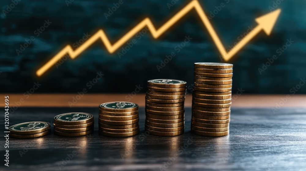 Poster a close-up of a stack of coins with a glowing financial graph in the background, symbolizing the gro