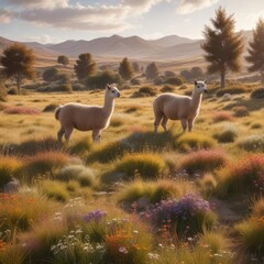 Fototapeta premium Alpacas grazing in a large field of brown grass with wildflowers, flowers, field