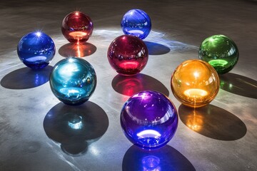 Seven vibrant glass spheres, illuminated from within, cast colorful shadows on a grey floor.