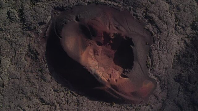 Aerial view by drone of the Piton de la Fournaise, the Dolomieu crater, the Formica L&eacute;o volcanic cone and the Chapelle de Rosemont in the Fouqu&eacute; enclosure, Reunion Island