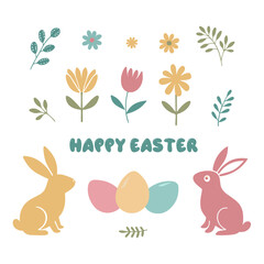 Set of Easter elements: rabbit, eggs, flowers, tulip, chamomile, leaves, twigs