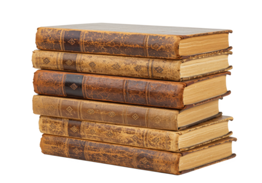 A stack of old vintage books with worn leather covers and textured spines, isolated on white background